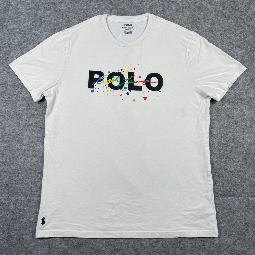 Polo Ralph Lauren T-Shirt Mens L White Paint Splatter Big Pony Back Print